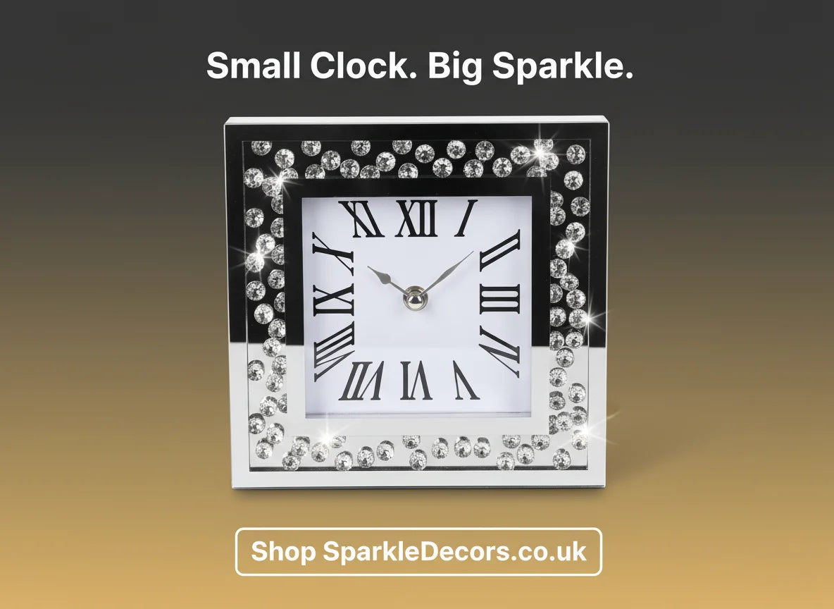 Diamante Mirrored Table Clock 20cm – Silent Sparkle Mantel & Desk Design | Sparkle Decors UK